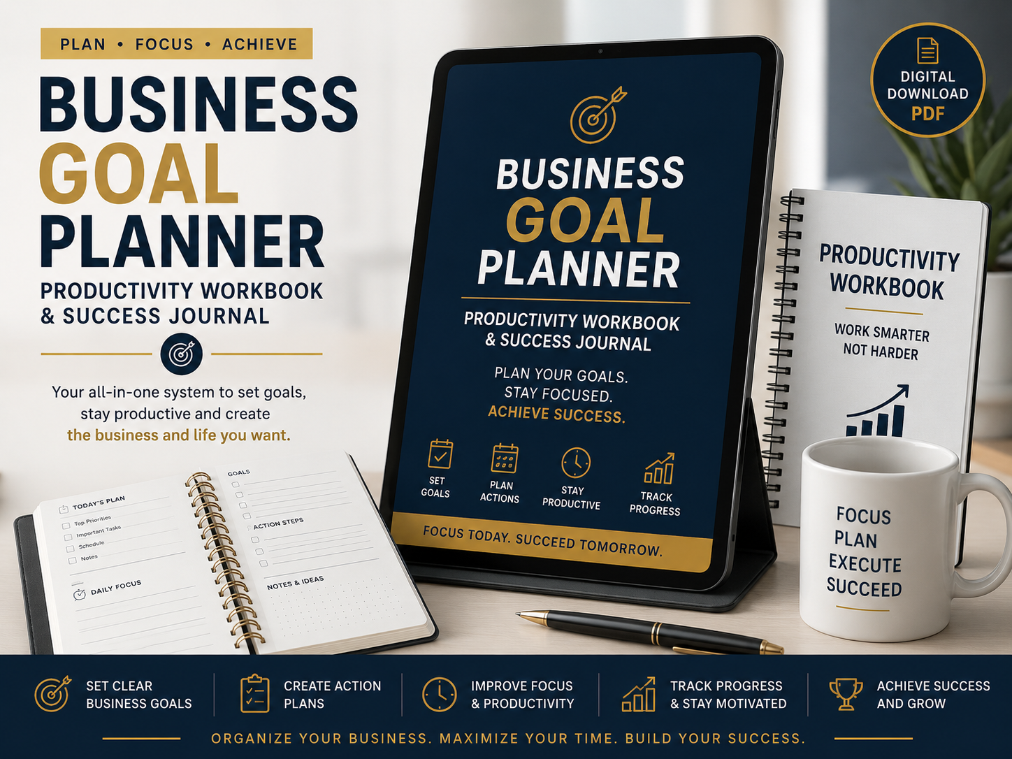 Business Goal Planner, Productivity Workbook & Success Journal (Digital PDF)